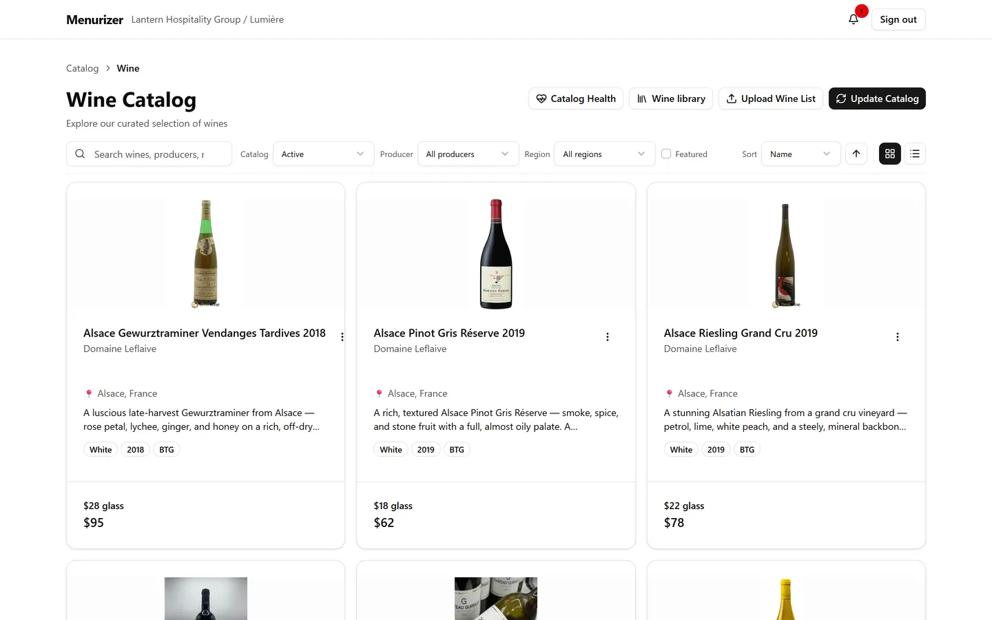 The wine catalog: cards with the bottle, producer, region, vintage and glass and bottle prices
