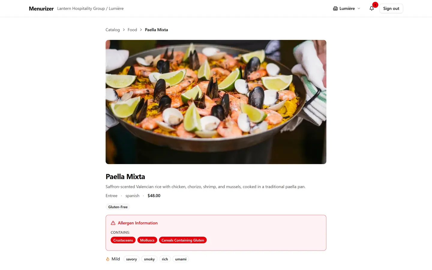 A dish page with its photo, price and allergen information