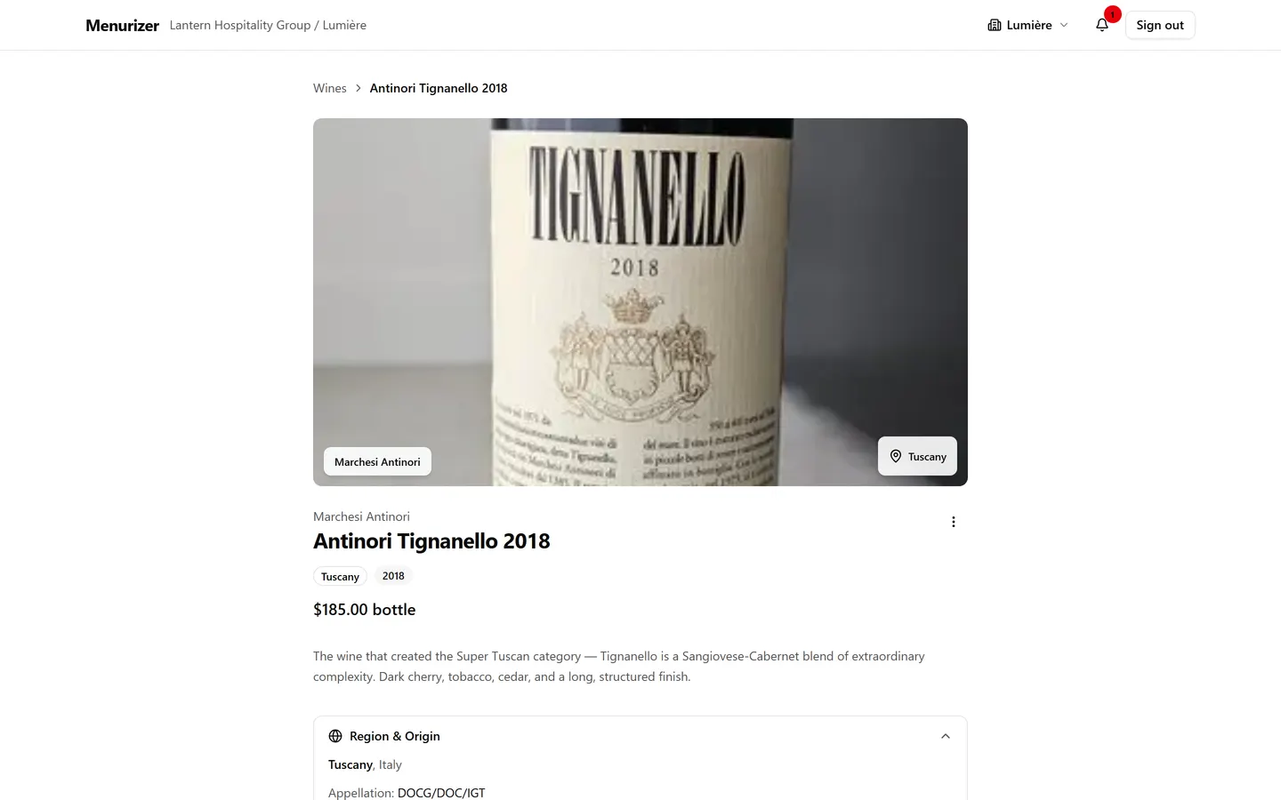 A wine's page in Menurizer: the bottle, producer, region, price and tasting notes for Antinori Tignanello 2018