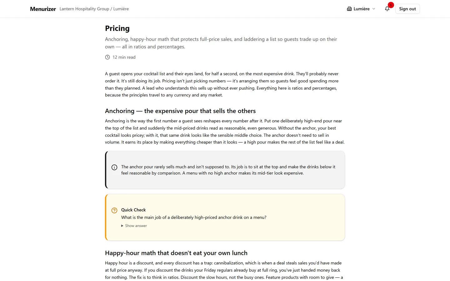 A lesson on pricing with a quick-check question
