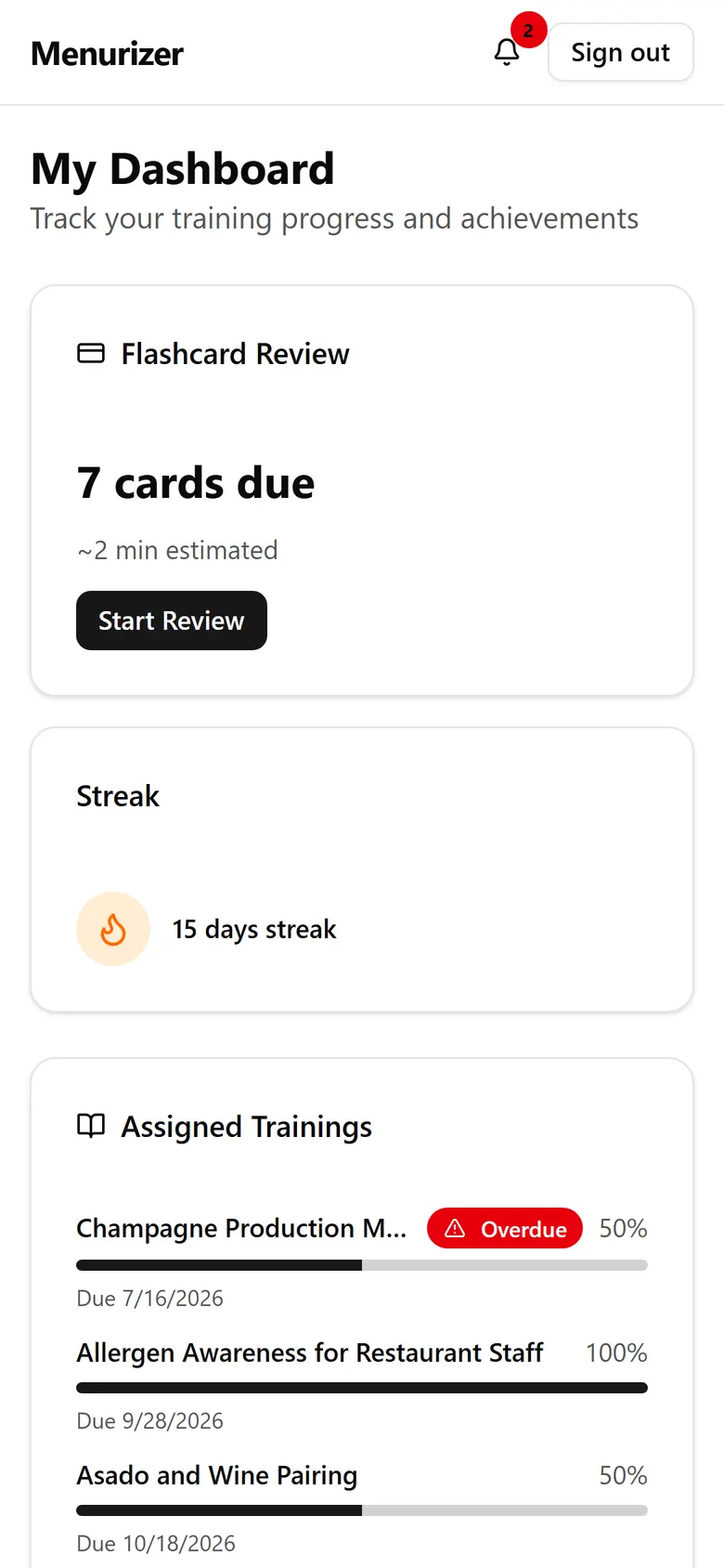 A bartender's dashboard on a phone: cards due, a 15-day streak and assigned trainings with an overdue flag