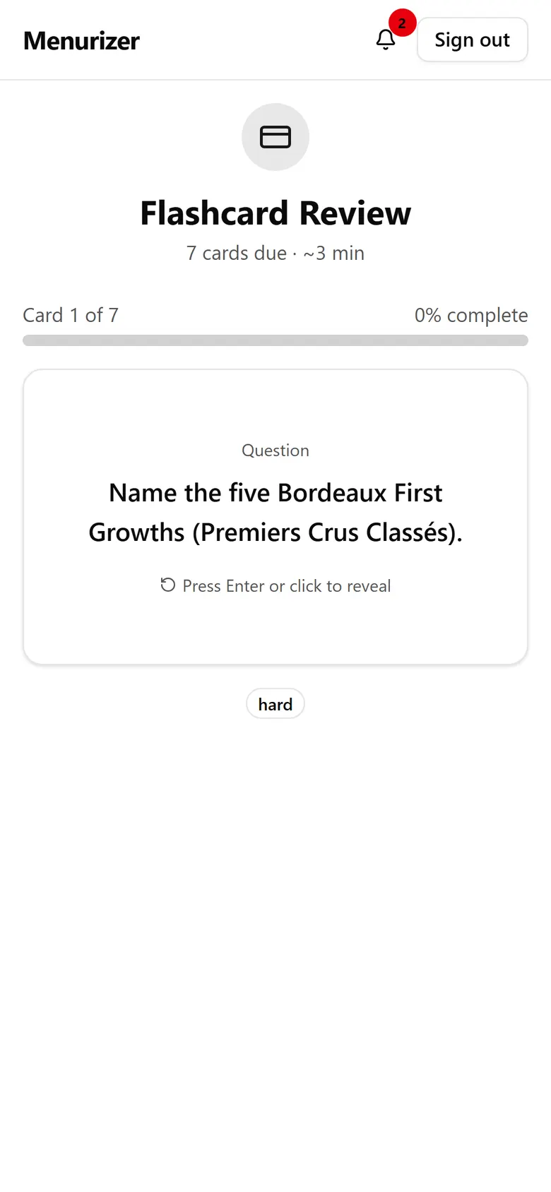 A flashcard review session on a phone: seven cards due, question shown, answer hidden