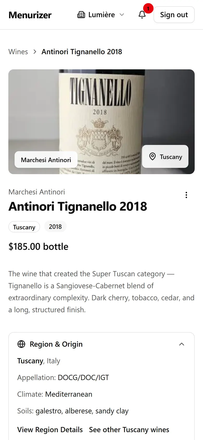 A wine's page on a phone