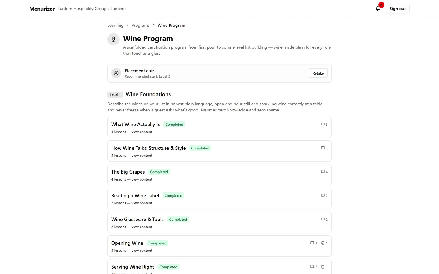 A sommelier's Wine Program page with Level 1 sections completed